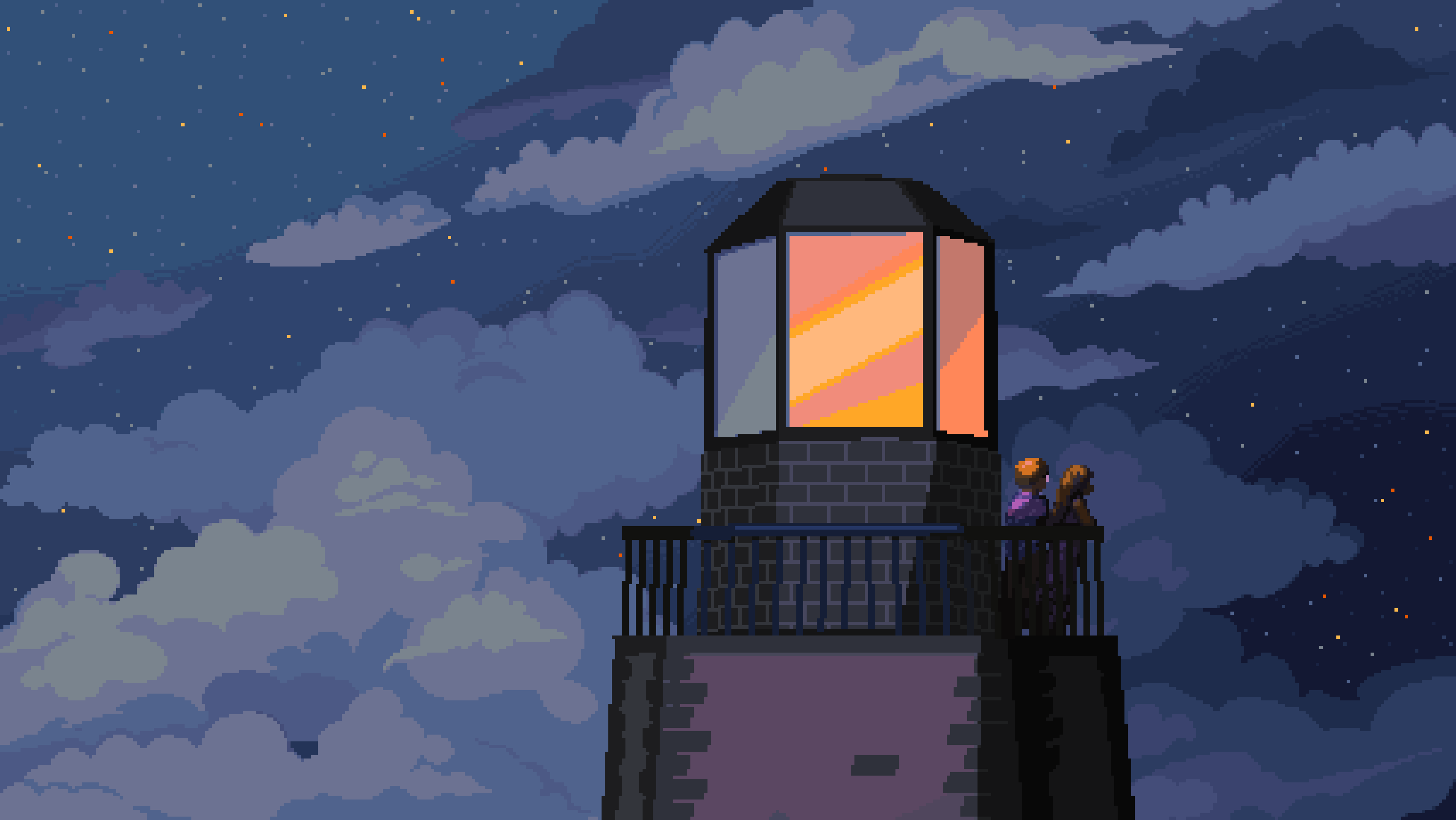 A lighthouse with 2 figures on top of it